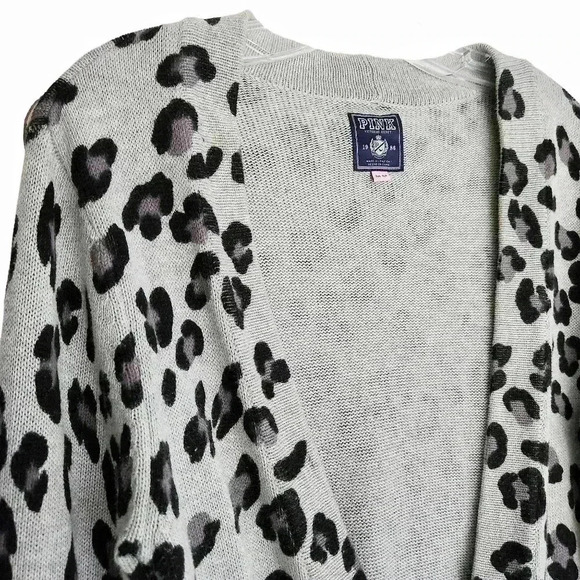 Victoria’s Secret PINK Leopard Boyfriend Cardigan Women M Gray Long Cotton - Picture 5 of 12